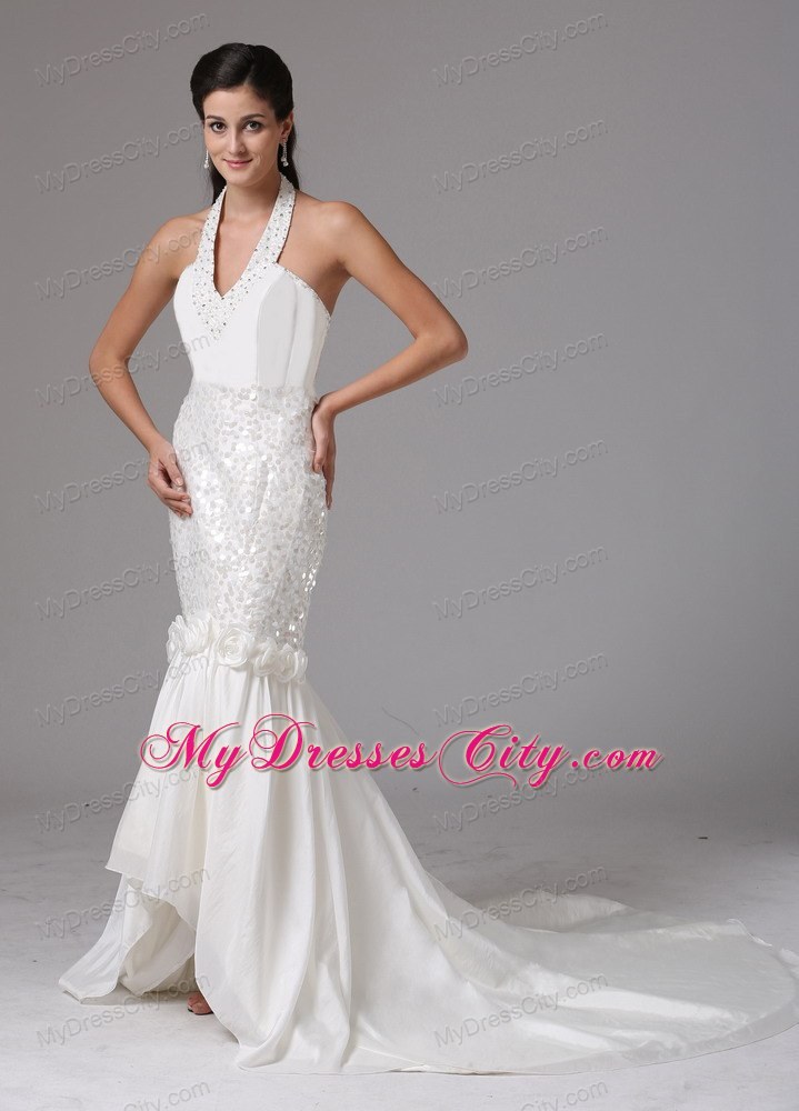 Mermaid Halter Asymmetrical Bridal Gown With Beading and Hand Made Flowers