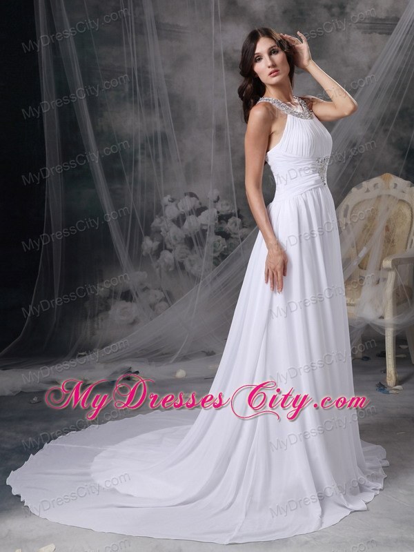 Court Train Beading and Ruche Decorate Bridal Gown with Jeweled Scoop Neckline