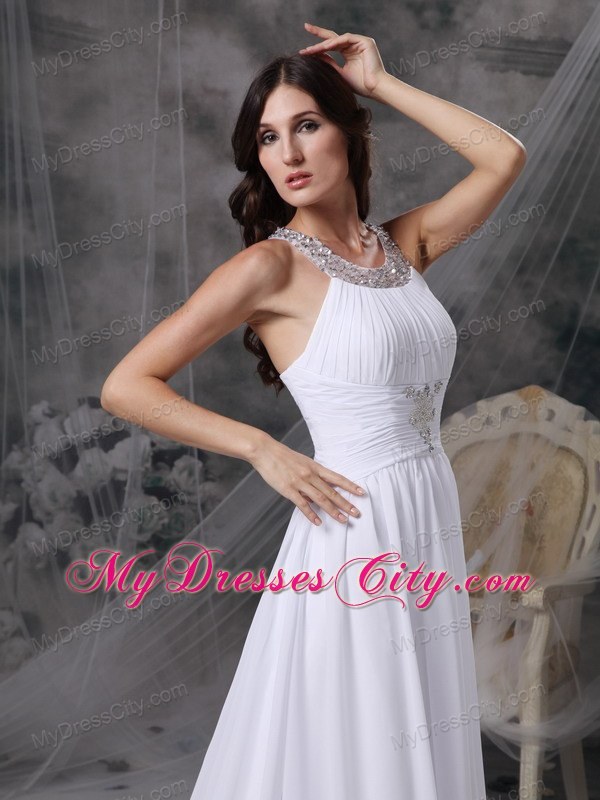 Court Train Beading and Ruche Decorate Bridal Gown with Jeweled Scoop Neckline