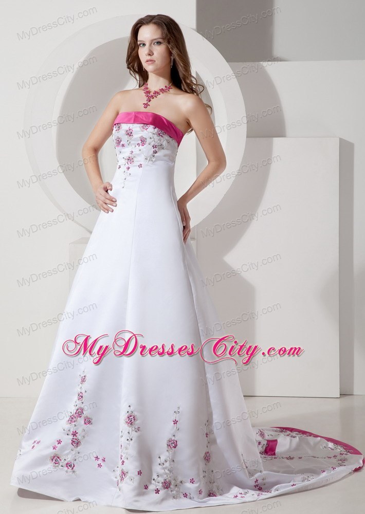Elegant Hot Pink Hem Brush Train Satin Wedding Dress with Embroidery
