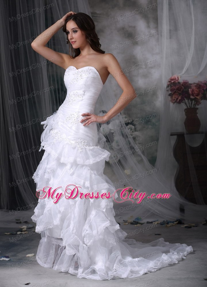 Sweetheart Court Train Appliques and Ruffles Wedding Dresses