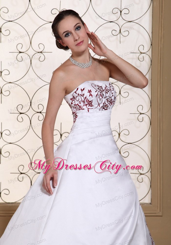 Red Embroidery On Satin Puffy Court Train Bridal Dresses