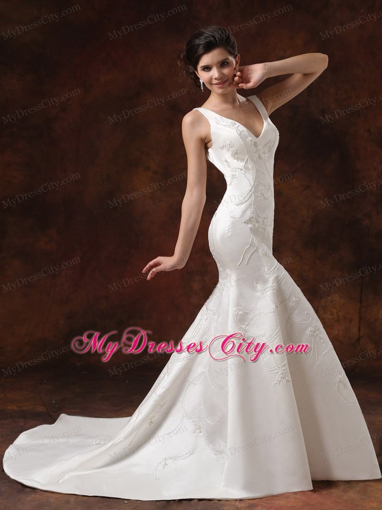 Gorgeous V-neck Embroidery Court Train Trumpet Wedding Dress