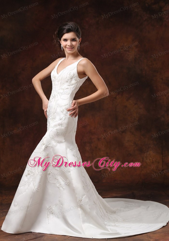 Gorgeous V-neck Embroidery Court Train Trumpet Wedding Dress