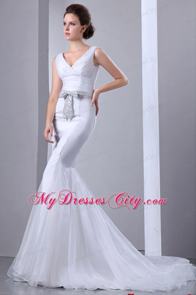 V-neck Sequins Bow and Waist Court Train Mermaid Wedding Gown