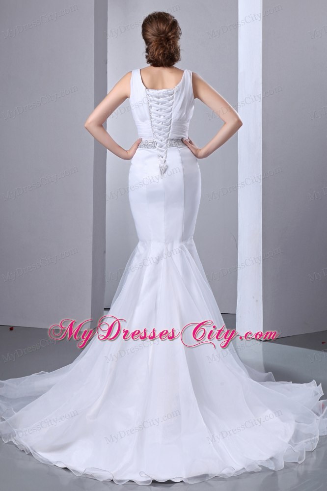 V-neck Sequins Bow and Waist Court Train Mermaid Wedding Gown