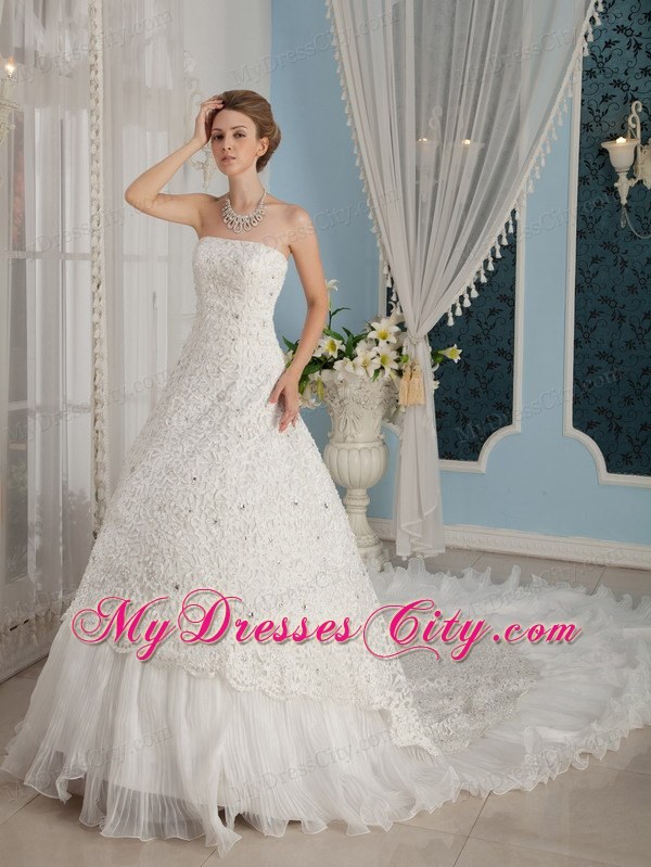 Gorgeous A-Line Princess Strapless Beaded Cathedral Train Wedding Dress