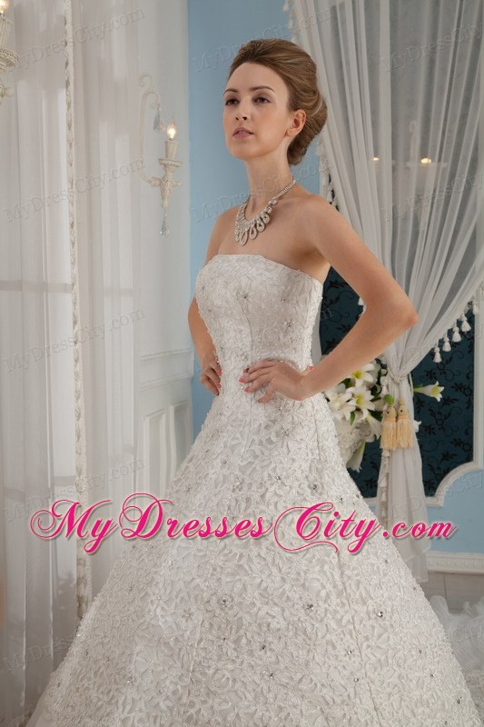 Gorgeous A-Line Princess Strapless Beaded Cathedral Train Wedding Dress
