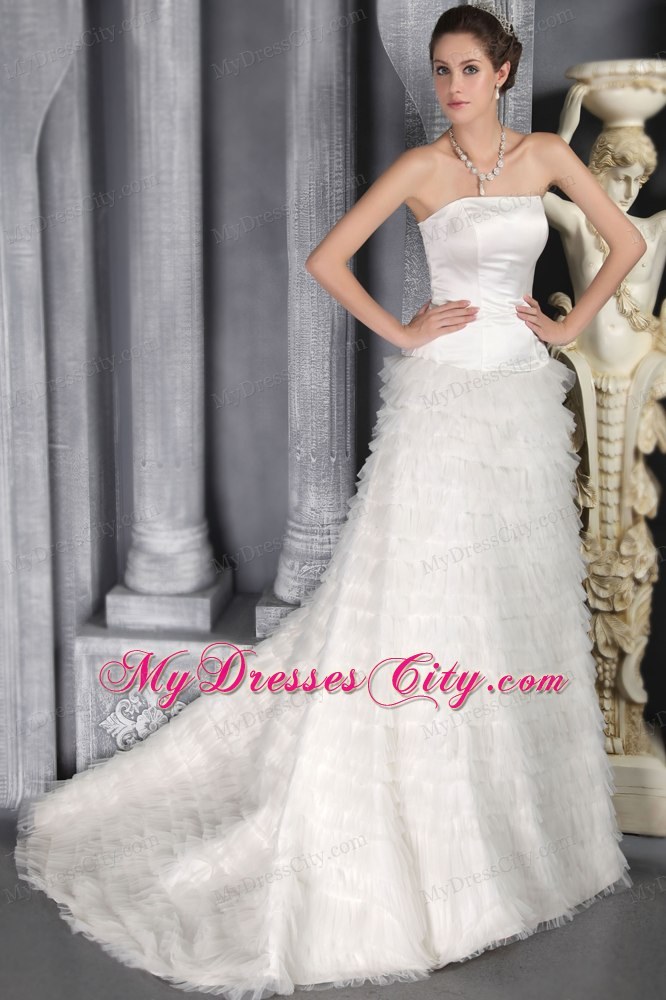 High end Strapless A-Line Sweep Satin and Tulle Ruffled Dress for Brides