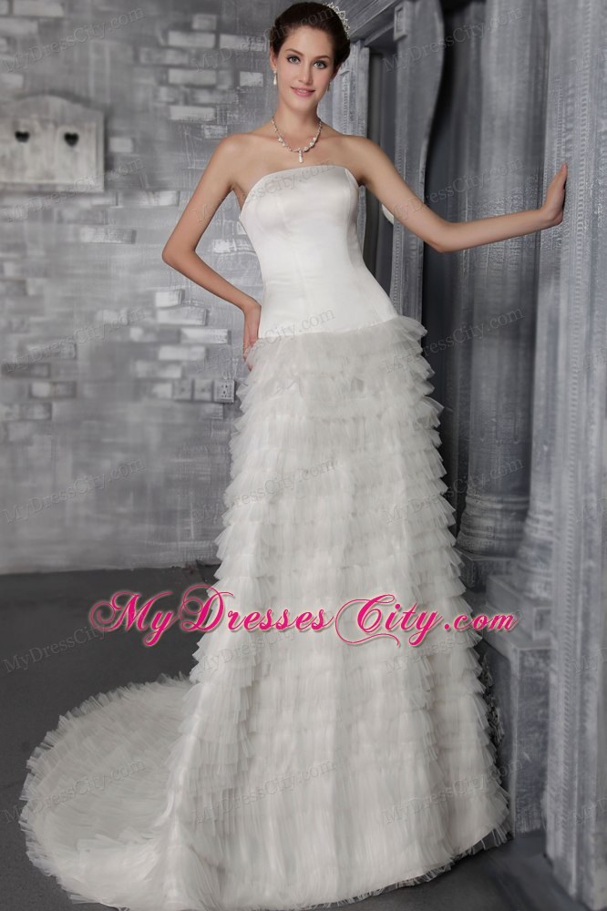High end Strapless A-Line Sweep Satin and Tulle Ruffled Dress for Brides