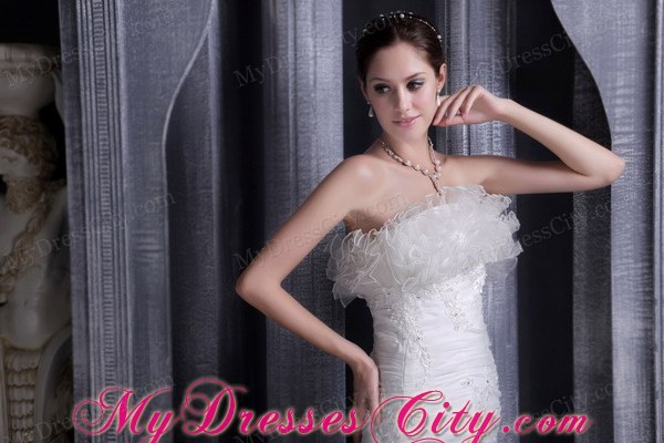 2013 Exquisite White Strapless Mermaid Appliques Organza Wedding Dress
