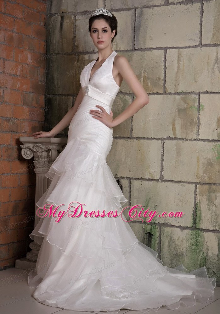 2013 Simple Mermaid Halter Top Beaded Organza Wedding Gown for You