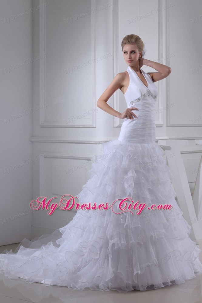 Romantic Beading and Ruffles A-line Halter Top Court Train Wedding Dress