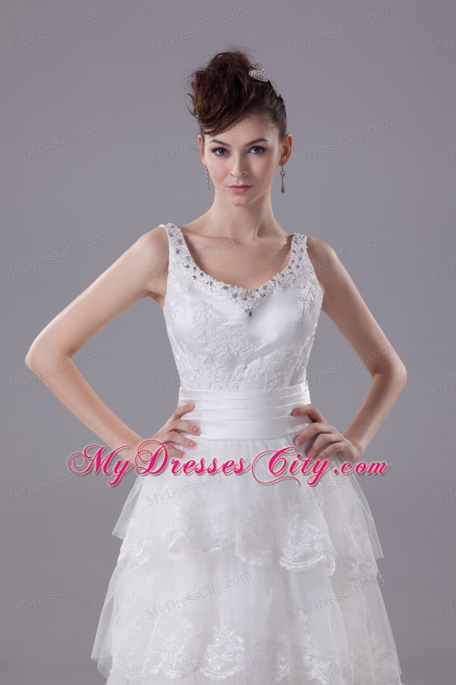 Slinky Lace Brush Train Column Scoop Wedding Dress with Ruffled Layers