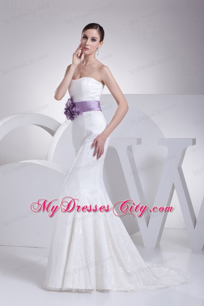 Mermaid Strapless Sheathy Ribboned Wedding Dress Floor-length with Train