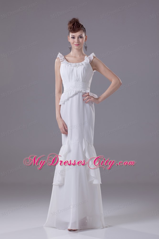 Elegant Mermaid Scoop Chiffon Ruching Wedding Dress with Ruffle Straps