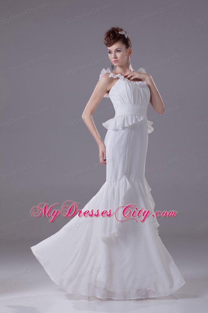 Elegant Mermaid Scoop Chiffon Ruching Wedding Dress with Ruffle Straps