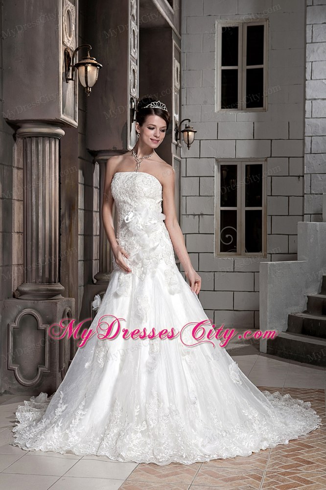 A-line Chapel Train Lace with Hand Made Flowers Wedding Dress