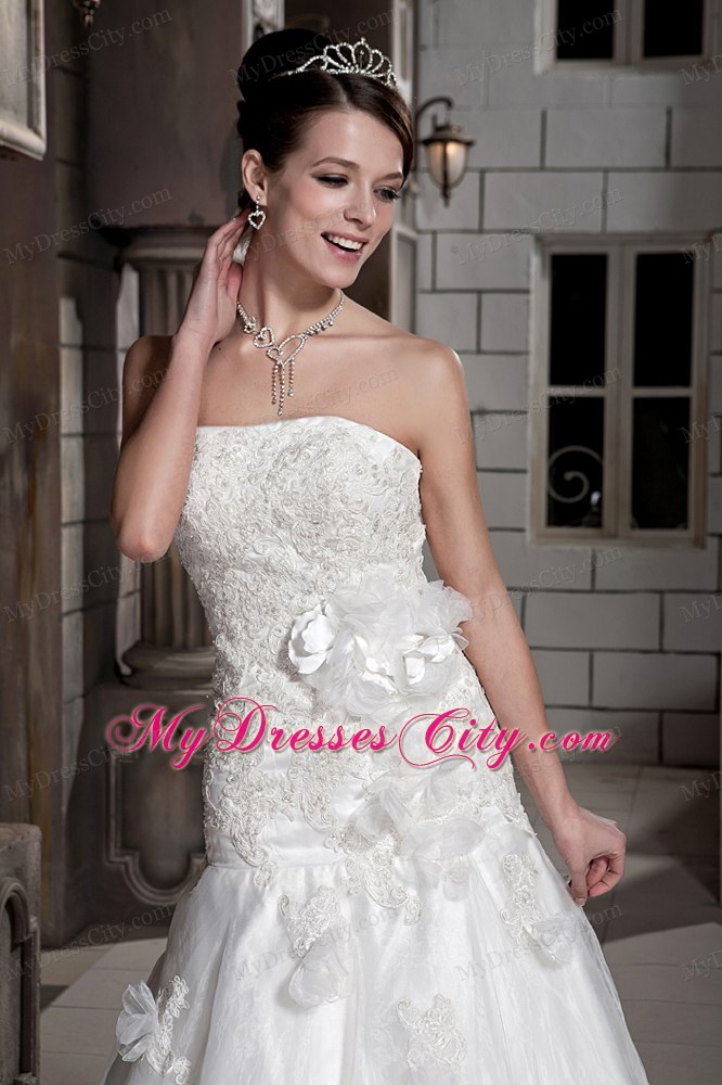 A-line Chapel Train Lace with Hand Made Flowers Wedding Dress