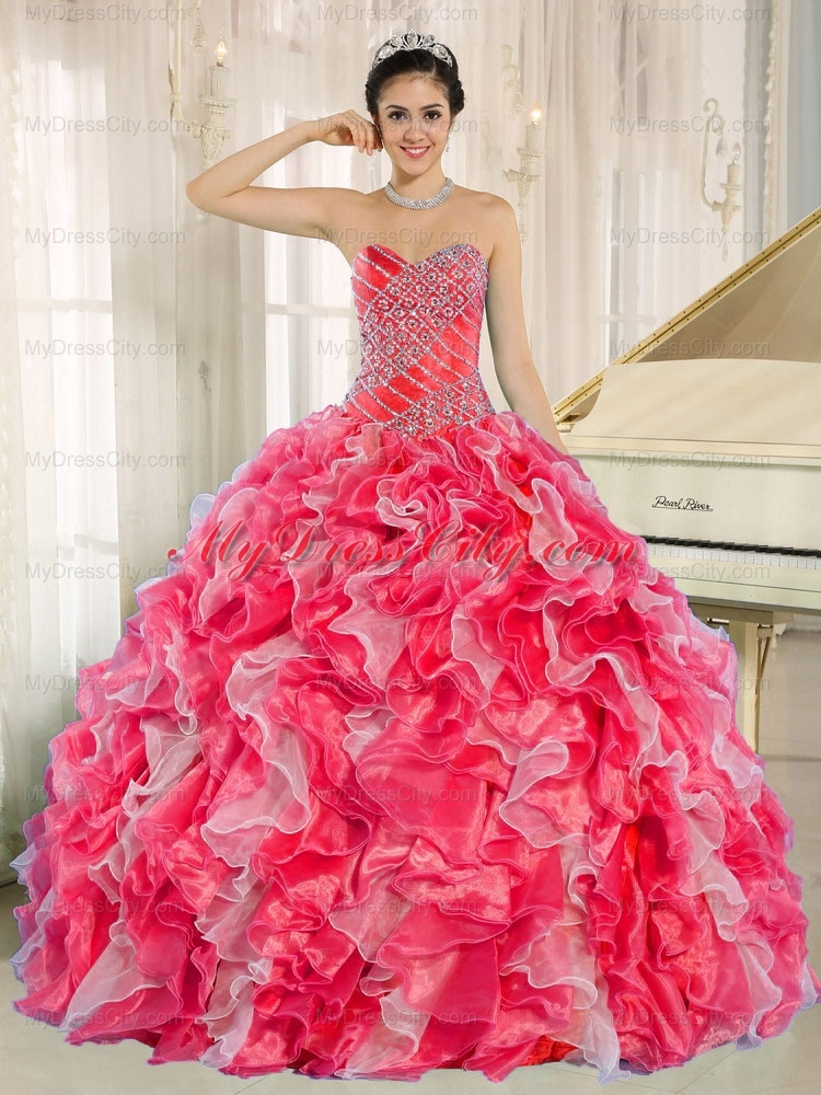 Red and White 2014 Quinceanera Dresses with Beadeing and Ruffles