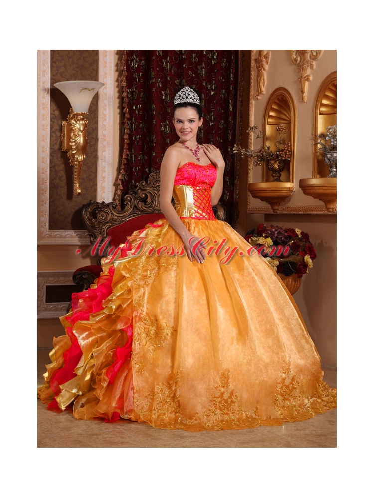 Ball Gown Strapless Floor-length Organza Embroidery Gold Quinceanera Dress