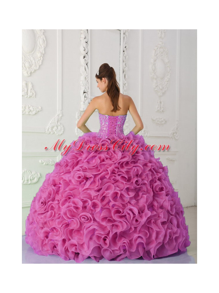Ball Gown Strapless Organza Beaded Hot Pink Elegant Quinceanera Dresses