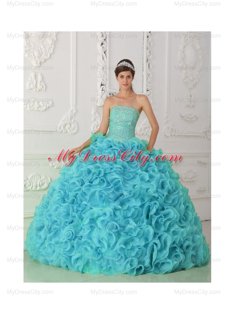 Strapless Organza Beading Ball Gown Elegant Quinceanera Dressess in Blue