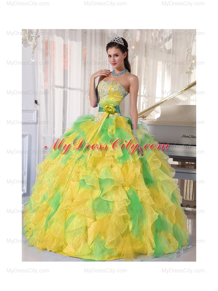 Ball Gown Appliques and Ruffles Organza Long Pretty Quinceanera Dresses