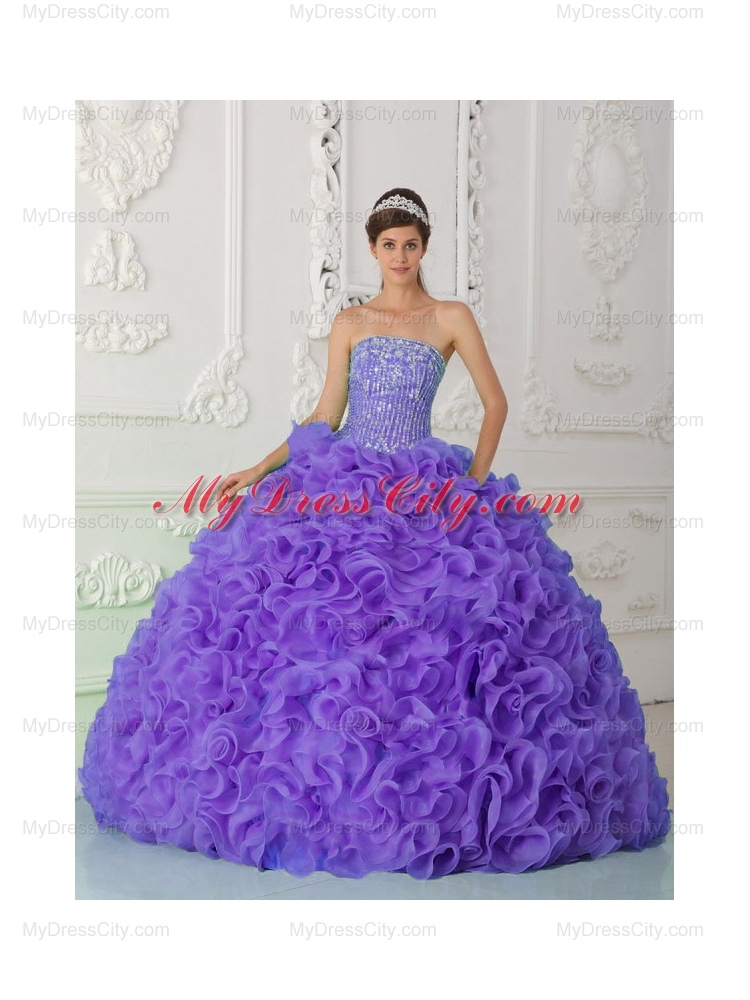 Ball Gown Strapless Organza Purple Pretty Quinceanera Dresses with Beading and Ruffles