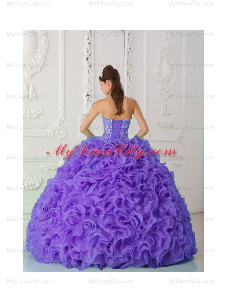 Ball Gown Strapless Organza Purple Pretty Quinceanera Dresses with Beading and Ruffles