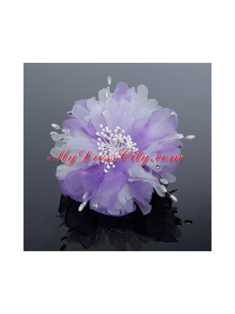 Pure Tulle Lilac Beautiful Imitation Pearls Hair Flower with Rhinestone