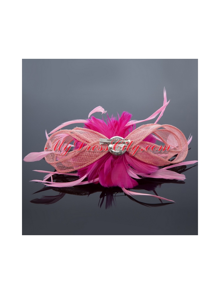 Pretty Pink Tulle Feather Flower Hairpin for Wedding