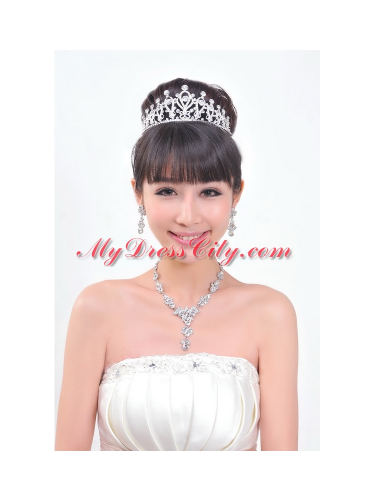 Shining Rhinestones Alloy Plated Wedding Jewelry Set Including Necklace And Tiara