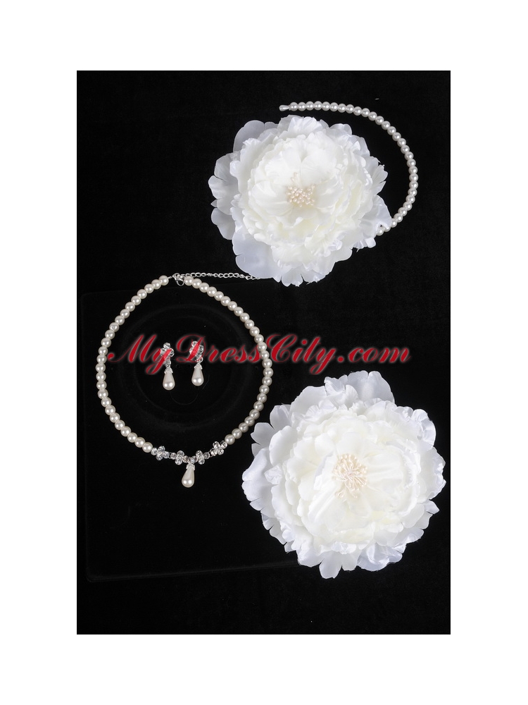 Pearls and Flowers Necklace Earrings Headpiece Jewelry Set