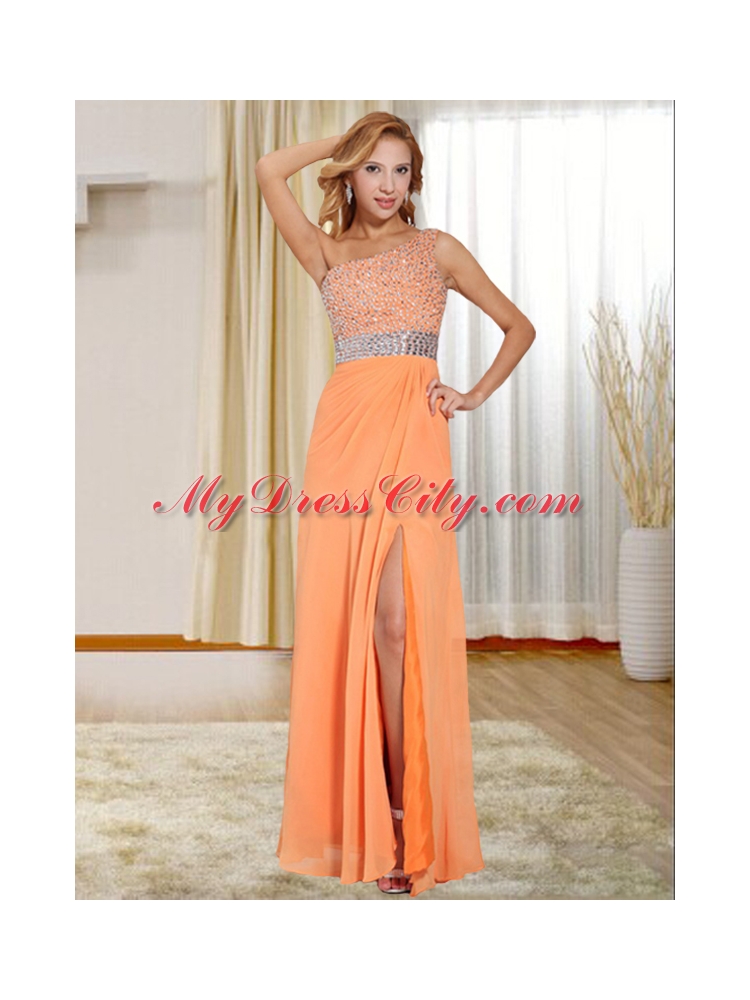 2015 Chiffon Orange One Shoulder Evening Dress with Beading and High Slit