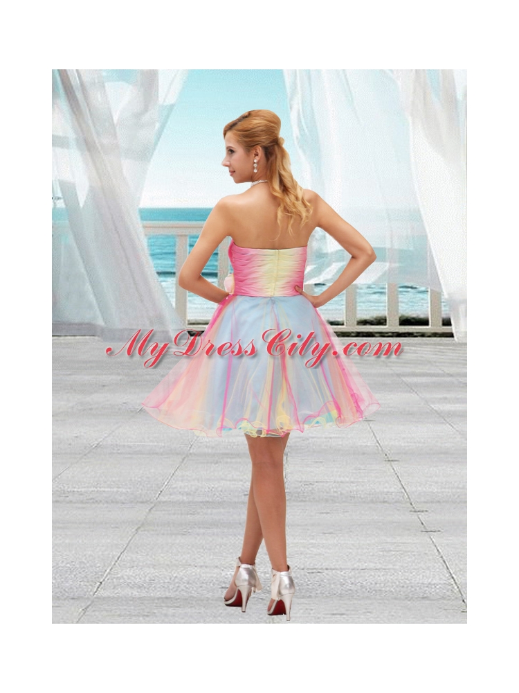 Lovely Ombre Color Organza Sweetheart Prom Dress with Ruching and Hand Made Flower