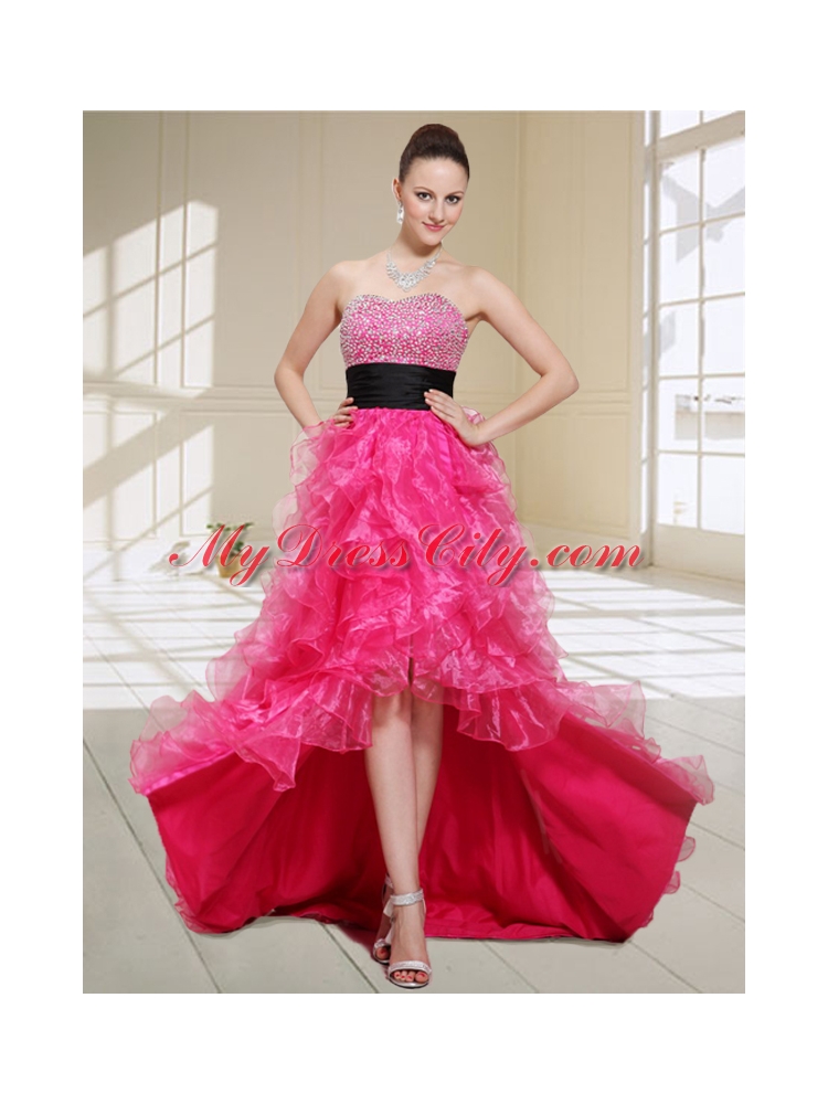 Natural High Low Sweetheart Beading and Ruffles Prom Dress in Hot Pink