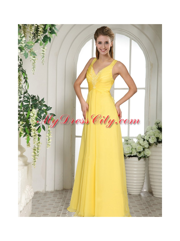 Yellow Straps Chiffon V-neck Prom Dress with Appliques and Ruching
