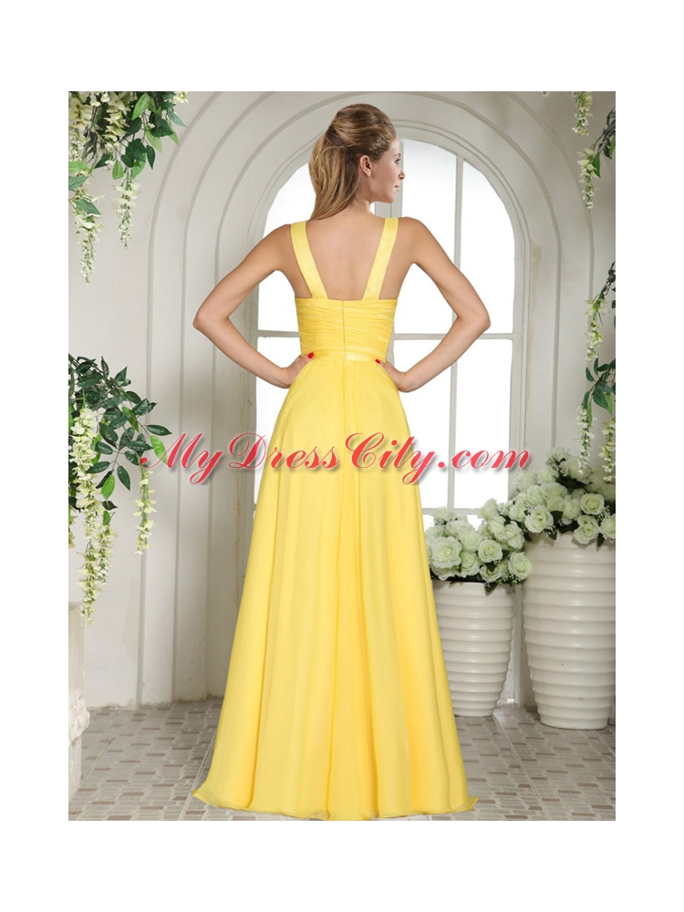 Yellow Straps Chiffon V-neck Prom Dress with Appliques and Ruching