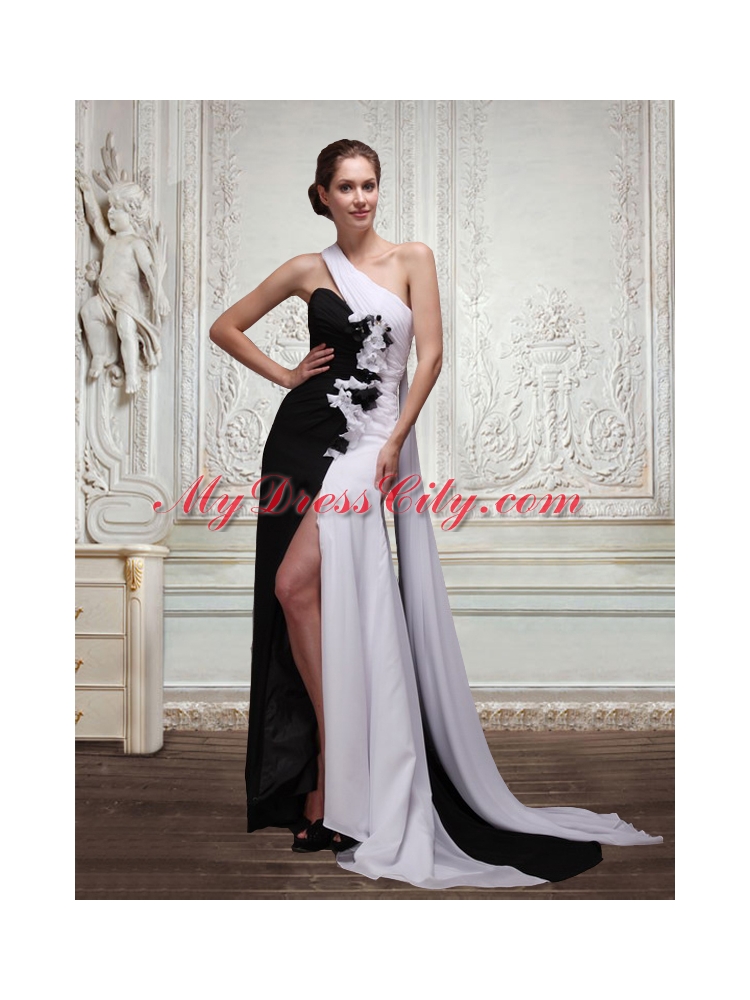 Empire One Shoulder Watteau Train Prom Dress in White and Black