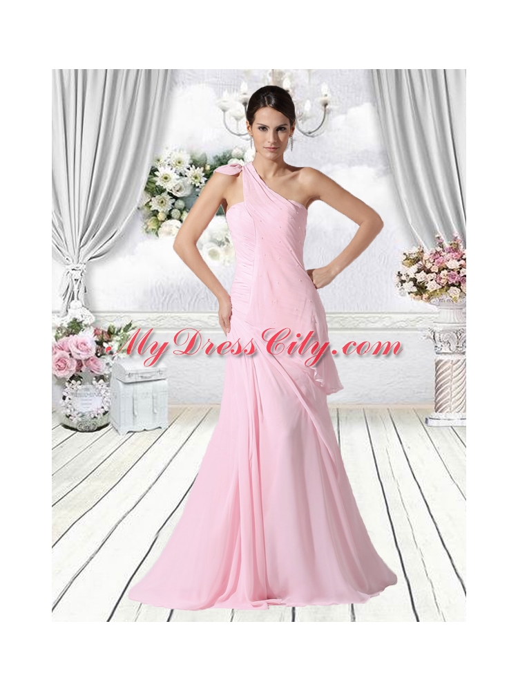 Cheap Column One Shoulder Prom Dresses in Baby Pink