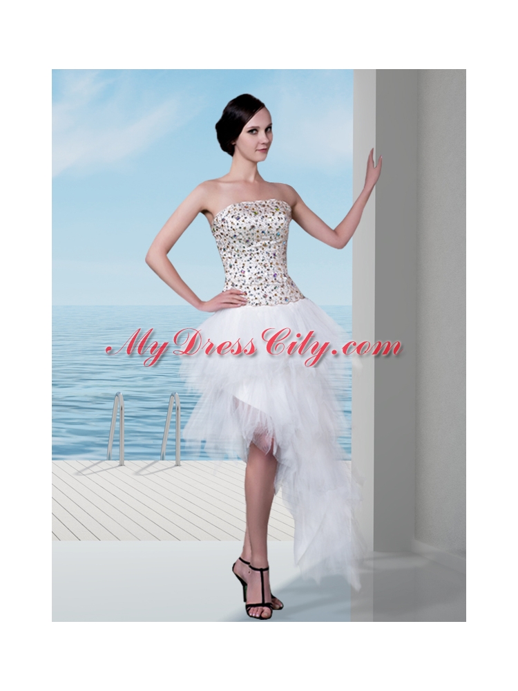 Elegant White Column Strapless High Low Beading Prom Dress