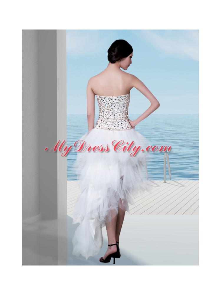 Elegant White Column Strapless High Low Beading Prom Dress