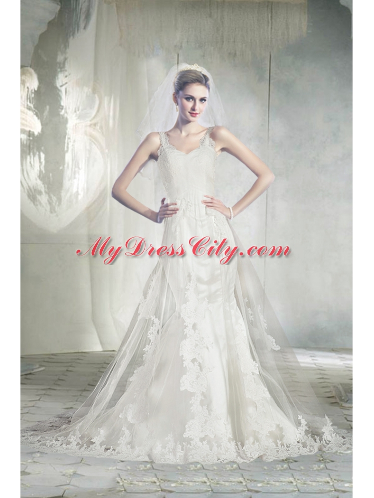2014 Elegant Straps Chapel Train Lace Wedding Dresses with Appliques