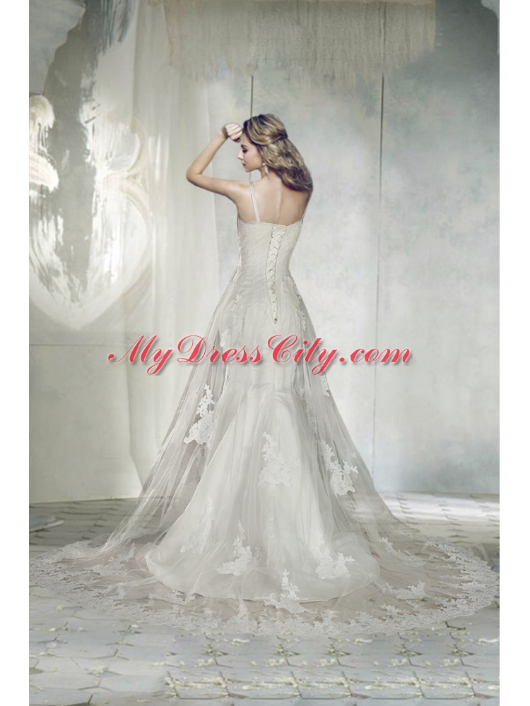2014 Elegant Straps Chapel Train Lace Wedding Dresses with Appliques