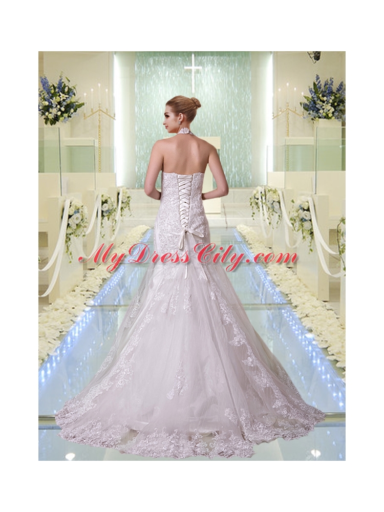 2014 Mermaid Halter Wedding Dresses with Brush Train