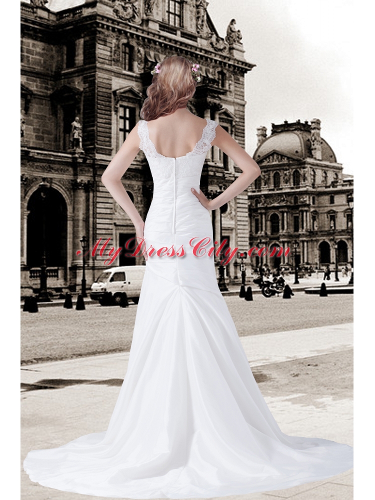 Column V Neck Appliques Lace Wedding Dress with Brush Train