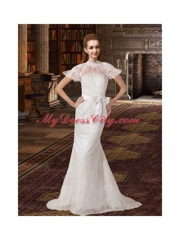 Fashionable Column Brush Train Lace 2015 Wedding Dresses with High Neck