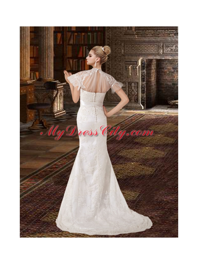 Fashionable Column Brush Train Lace 2015 Wedding Dresses with High Neck