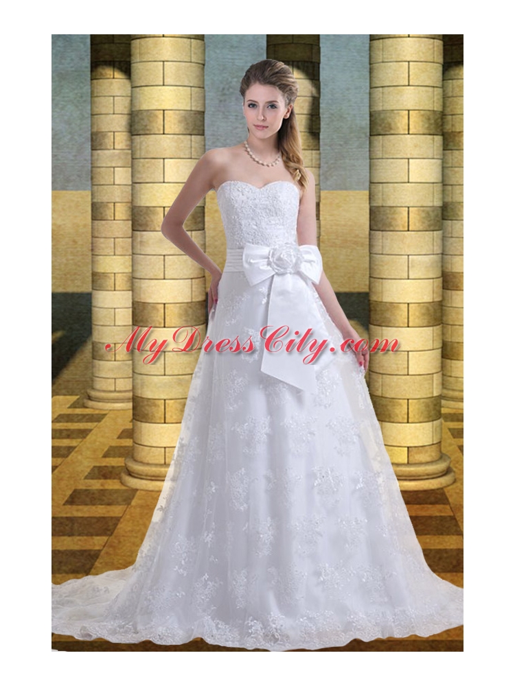 Lace Sweetheart Court Train A Line Clasp Handle 2015 Wedding Dresses